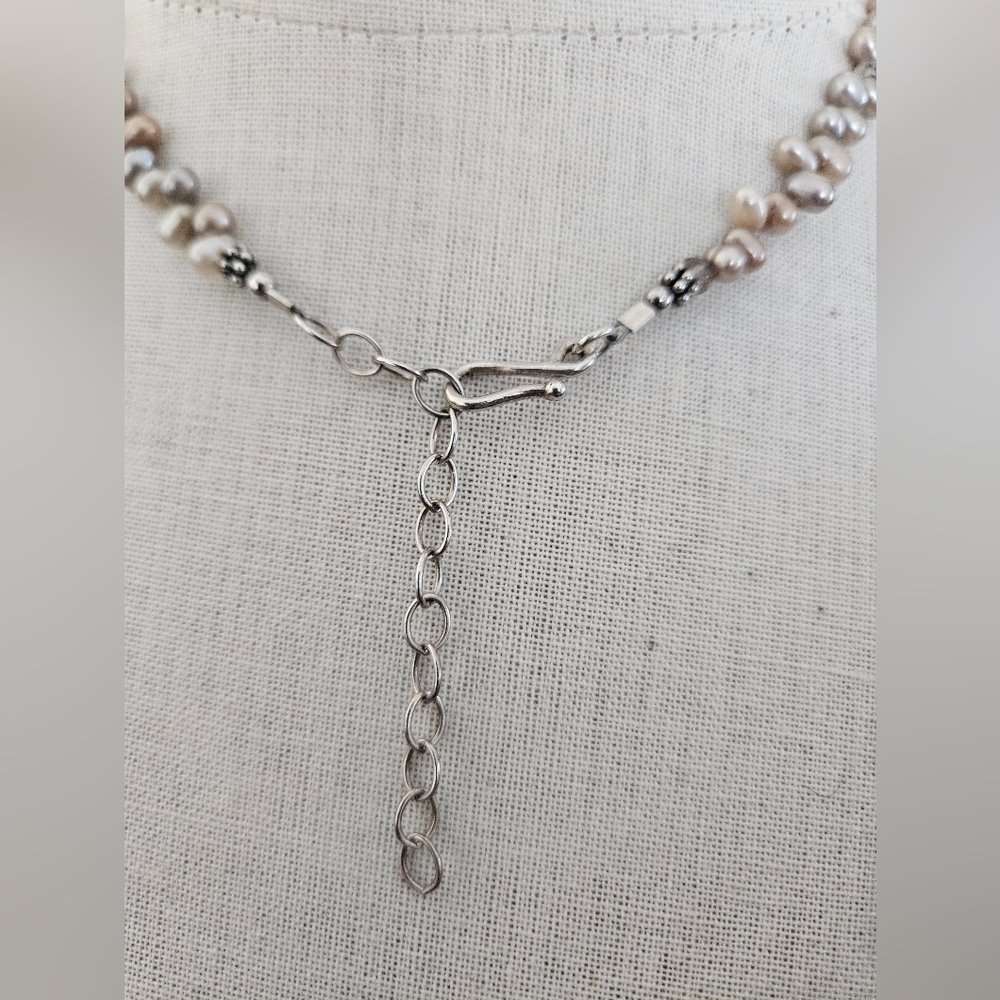 Sterling Silver 925 Freshwater Pearl Necklace w/ Smoky Quartz Pendant - Picture 5 of 7